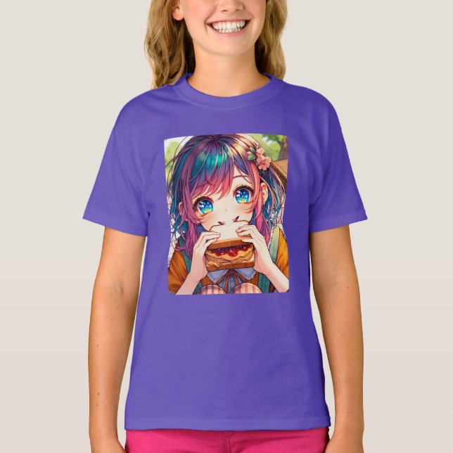 Camiseta Menina de Animação Bonita comendo uma Manteiga de  (Frente)
