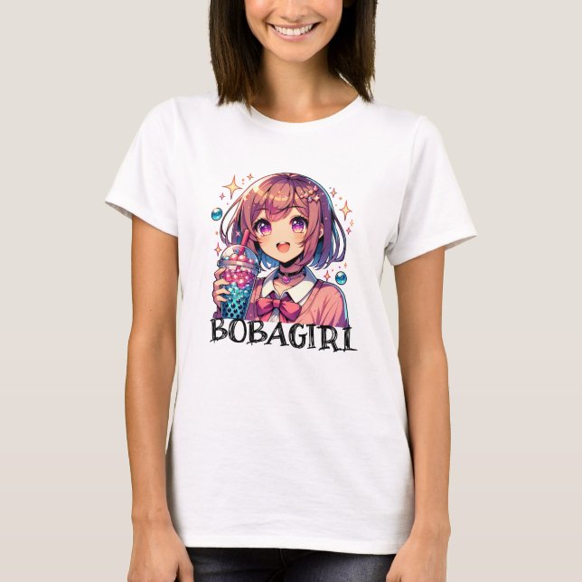 Camiseta Menina de animação bonita segurando chá de bolha (Frente)