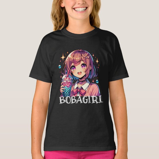 Camiseta Menina de animação bonita segurando chá de bolha (Frente)