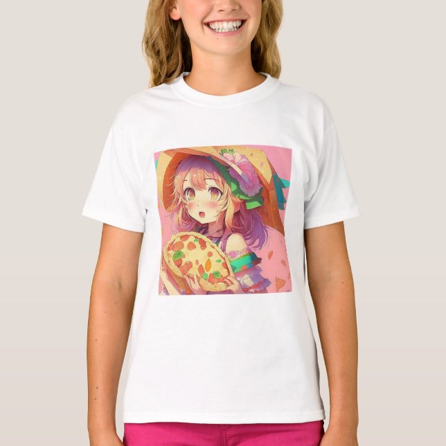 Camiseta Menina de animação bonito segurando pizza (Frente)