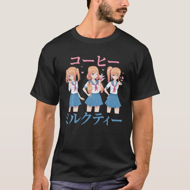 Camiseta Menina de Animação - Chá de Leite - Café - Japonês (Frente)