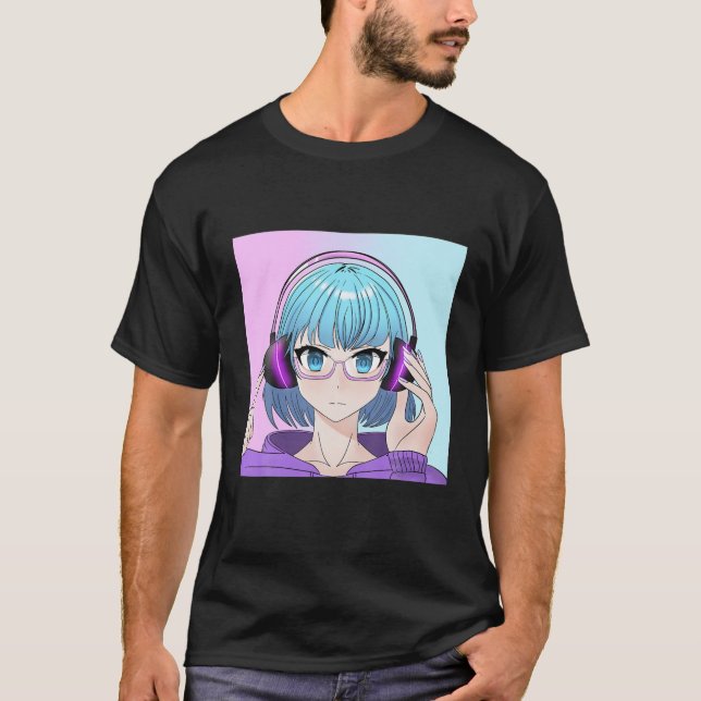 Camiseta Menina de Animação com Fones de ouvido (Frente)