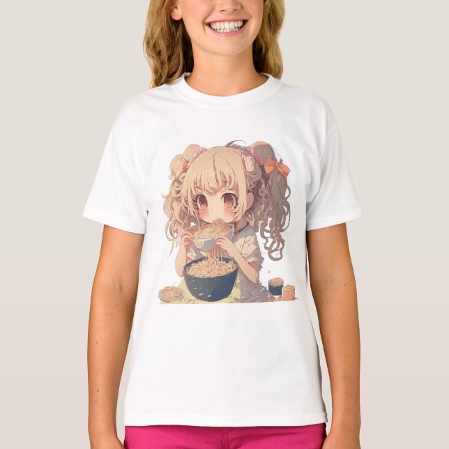 Camiseta Menina de Animação Comendo Ramen Noodles (Frente)