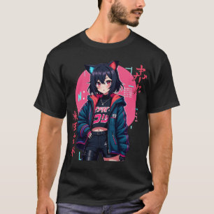 Camiseta Menina de animação Cyberpunk com ouvidos de gato -