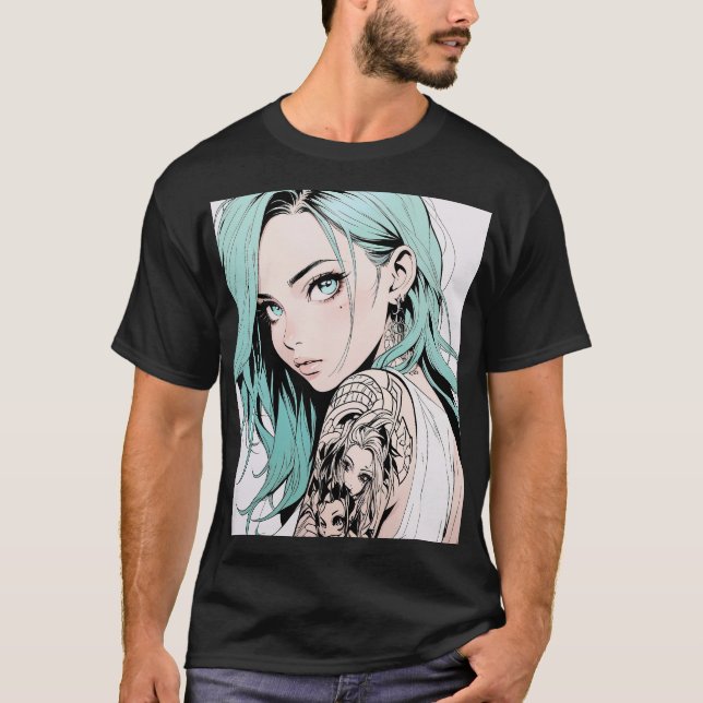 Camiseta Menina de animação de tatuagem de cabelo verde (Frente)
