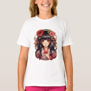 Camiseta Menina de animação, flores rosa