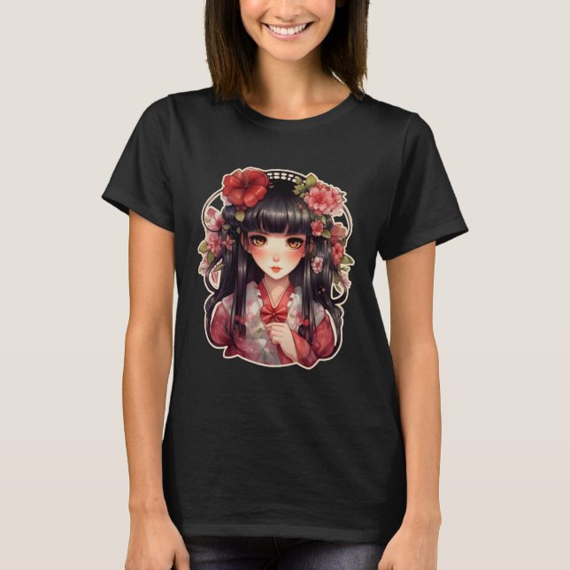 Camiseta Menina de animação, flores rosa (Frente)