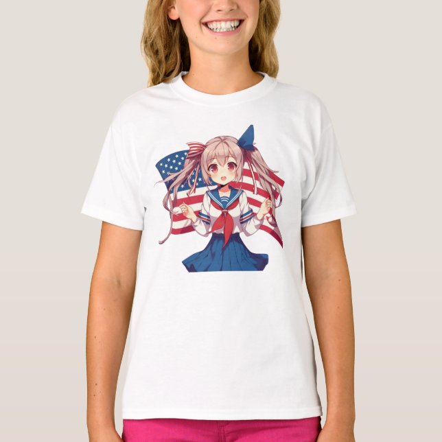 Camiseta Menina de animação patriótica dos EUA (Frente)