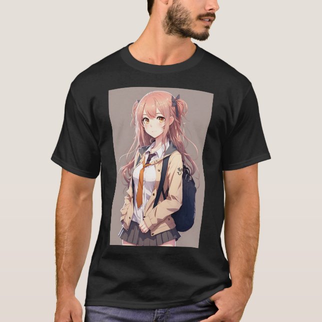 Camiseta Menina de animação, sexy estudante, com mochila (Frente)