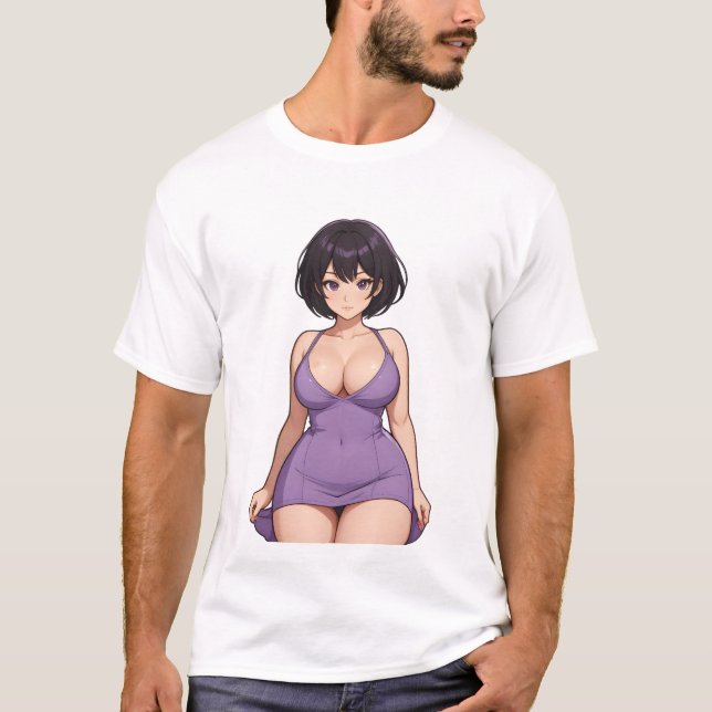 Camiseta Menina de animação sexy roxa de cabelo curto (Frente)