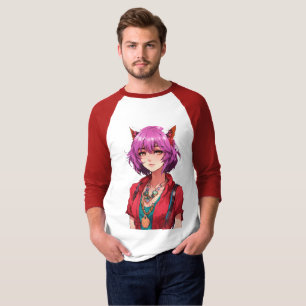 Camiseta Menina de Anime com Cabelo Rosa e Orelhas de Rapos