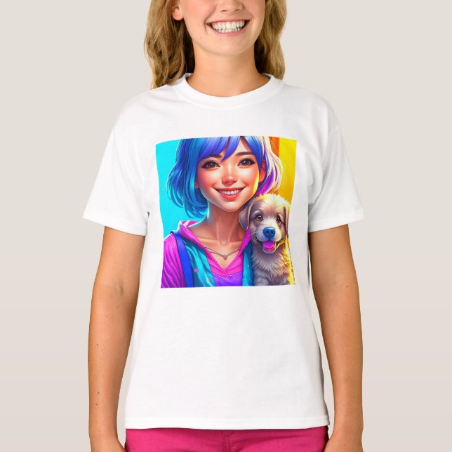 Camiseta Menina de Anime e Cachorrinho   (Frente)