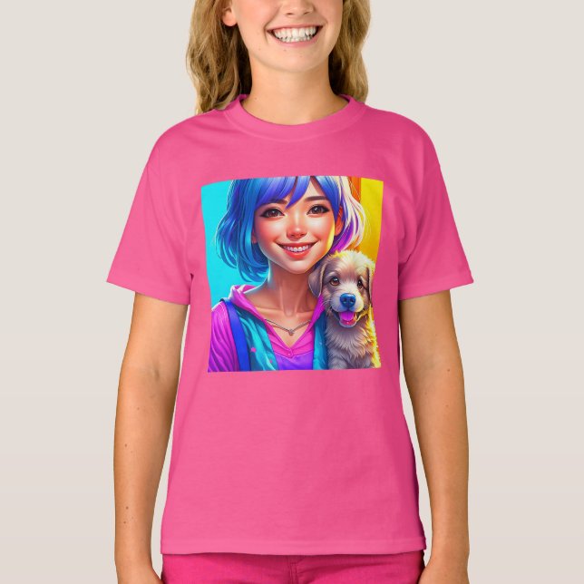 Camiseta Menina de Anime e Cachorro (Frente)