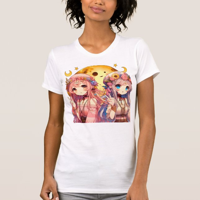 Camiseta Menina de anime Hippie Moon Girls Dando Sinal de P (Frente)