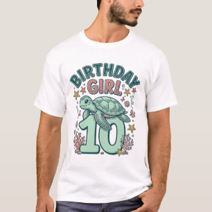 Camiseta Menina de Aniversário 10 Tartaruga Marinha Desenho