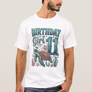 Camiseta Menina de Aniversário 11 Tartaruga Marinha Desenho