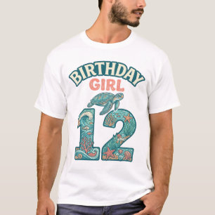 Camiseta Menina de Aniversário 12 Tartaruga Marinha Oceano