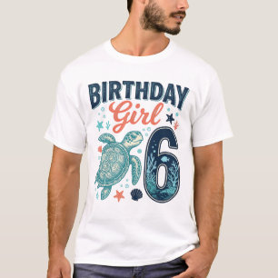 Camiseta Menina de Aniversário 6 Tartaruga Marinha Desenho 