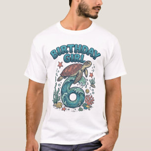 Camiseta Menina de Aniversário 6 Tartaruga Marinha Design d
