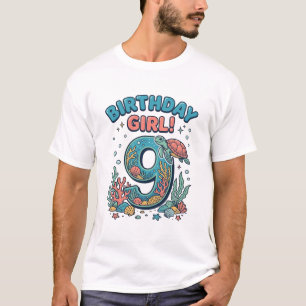 Camiseta Menina de Aniversário 9 Tartaruga Marinha Vetor De