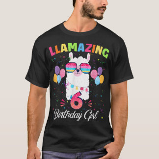 Camiseta Menina de Aniversário de 6 Anos 6 Cute Llama