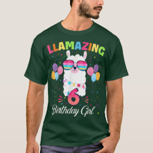 Camiseta Menina de Aniversário de 6 Anos 6 Cute Llama