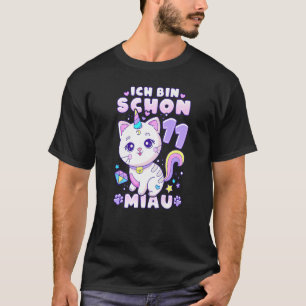 Camiseta Menina de aniversário unicórnio de gato de 11 anos