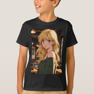 Camiseta Menina de Café de Anime Retrô Atmosfera Aconchegan