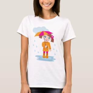 Camiseta Menina de Casaco Laranja com Guarda-Chuva Rosa