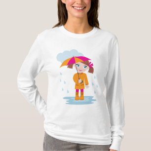 Camiseta Menina de Casaco Laranja com Guarda-Chuva Rosa