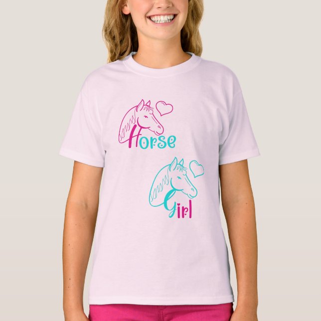 Camiseta Menina de Cavalo em Rosa e Turquesa (Frente)