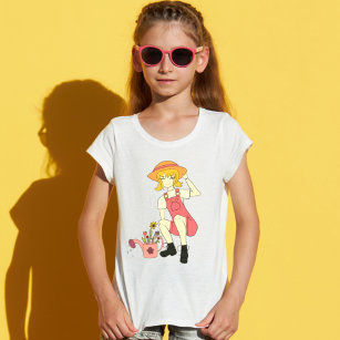 Camiseta Menina de jardinagem e moça de flores, cabelos loi