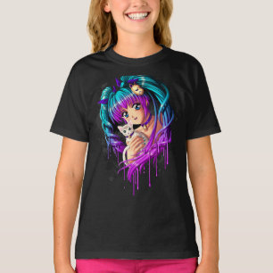 Camiseta Menina de Manga do gatinho e da trança