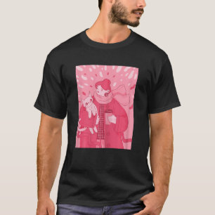 Camiseta Menina de mulher em roupas quentes com gato e café