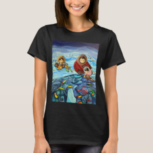 Camiseta menina de roupa de mergulho. menina pescando. lati