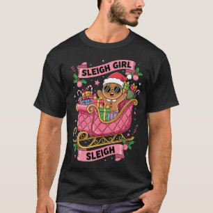 Camiseta Menina de Trenó de Pão de Mel Rosa Natal Divertido