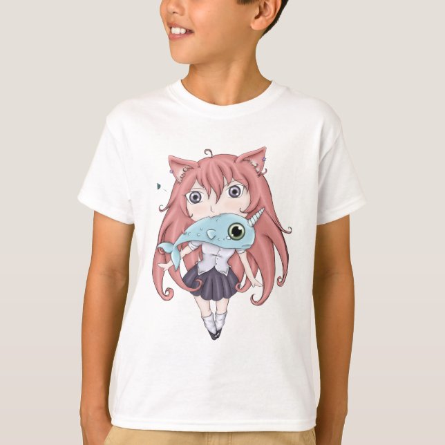 Camiseta Menina do gato de Chibi com bebê Narwal (Frente)