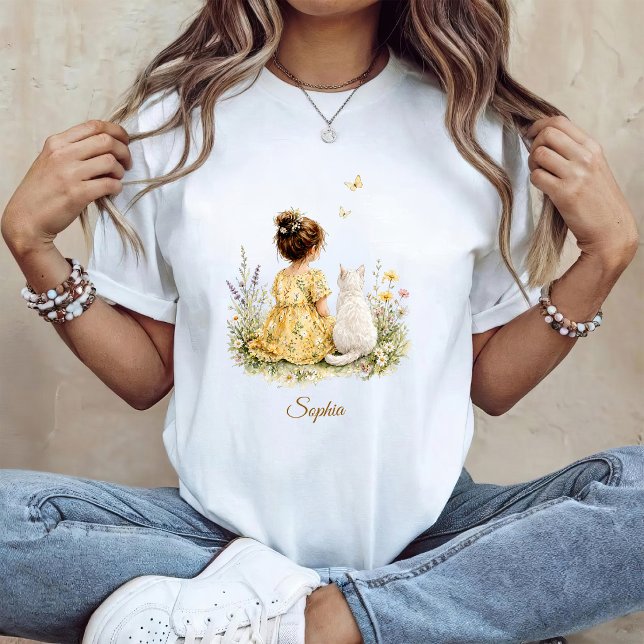Camiseta Menina e Gato Branco (Criador carregado)