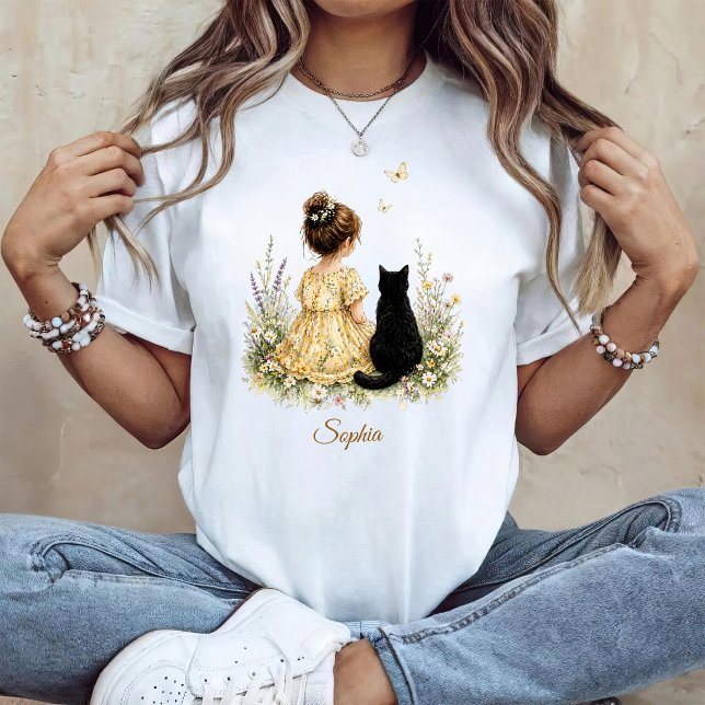 Camiseta Menina e Gato Preto (Criador carregado)