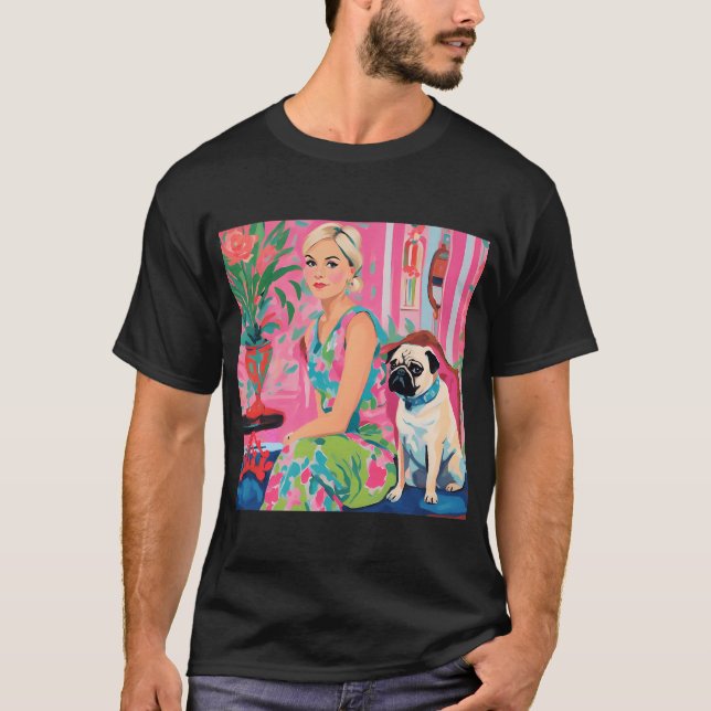 Camiseta Menina e pug castanho em interior sofisticado (Frente)