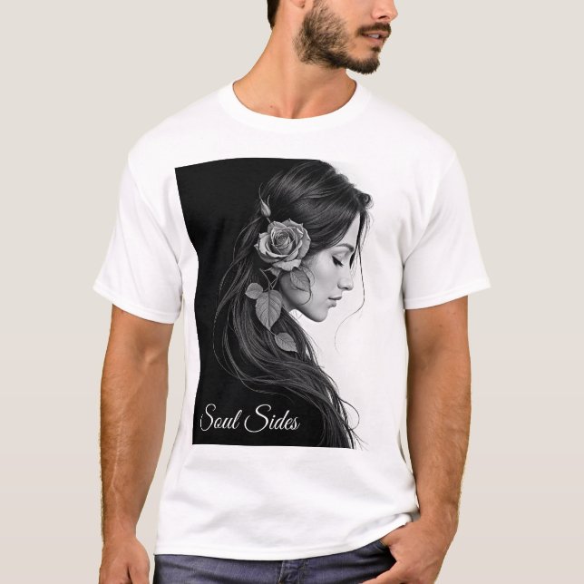 Camiseta Menina elegante com flor no cabelo, arte moderna (Frente)