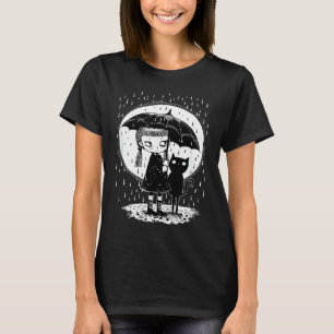 Camiseta Menina em Pé na Chuva Com Gato Estranho Sob a Lua