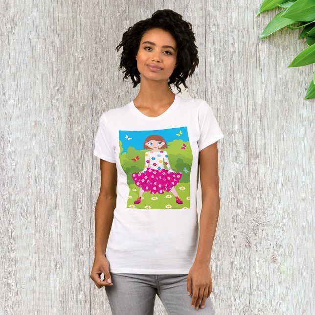 Camiseta Menina Feliz com Flores e Borboletas (Criador carregado)