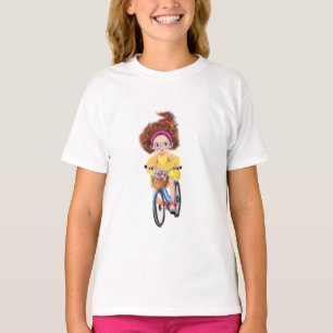 Camiseta Menina Feliz E Bonita Numa Bicicleta Com Tulipas D