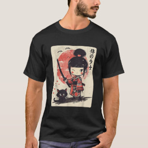 Camiseta Menina Gira Kawaii Samurai Cute com Katana Cat Jap
