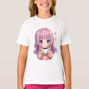 Camiseta Menina Kawaii e Aconchegante de Café – Adesivo Est