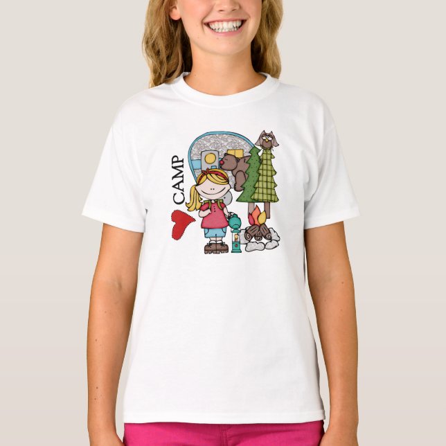 Camiseta Menina loura eu amo o t-shirt de acampamento da (Frente)