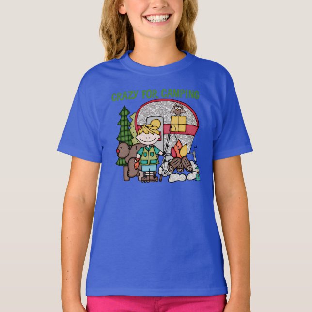 Camiseta Menina loura louca para acampar (Frente)