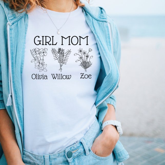 Camiseta Menina Mãe Três Nomes De Flores Selvagens (Personalized Girl Mom Kid's Names Wildflower T-Shirt)