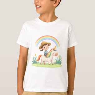 Camiseta Menina montando um unicórnio sob um arco-íris – Fa